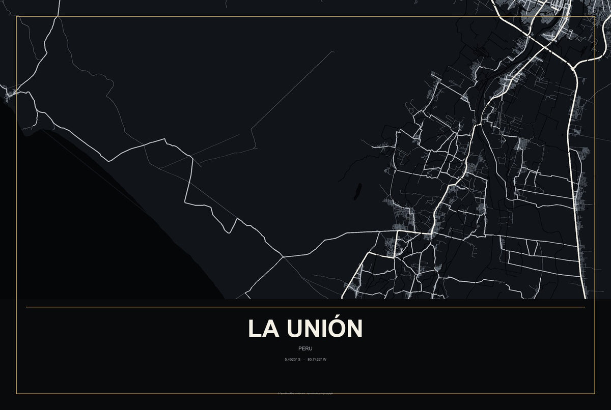 La Unión, Peru City Map Aluminum Sign in Metropolitan Noir style
