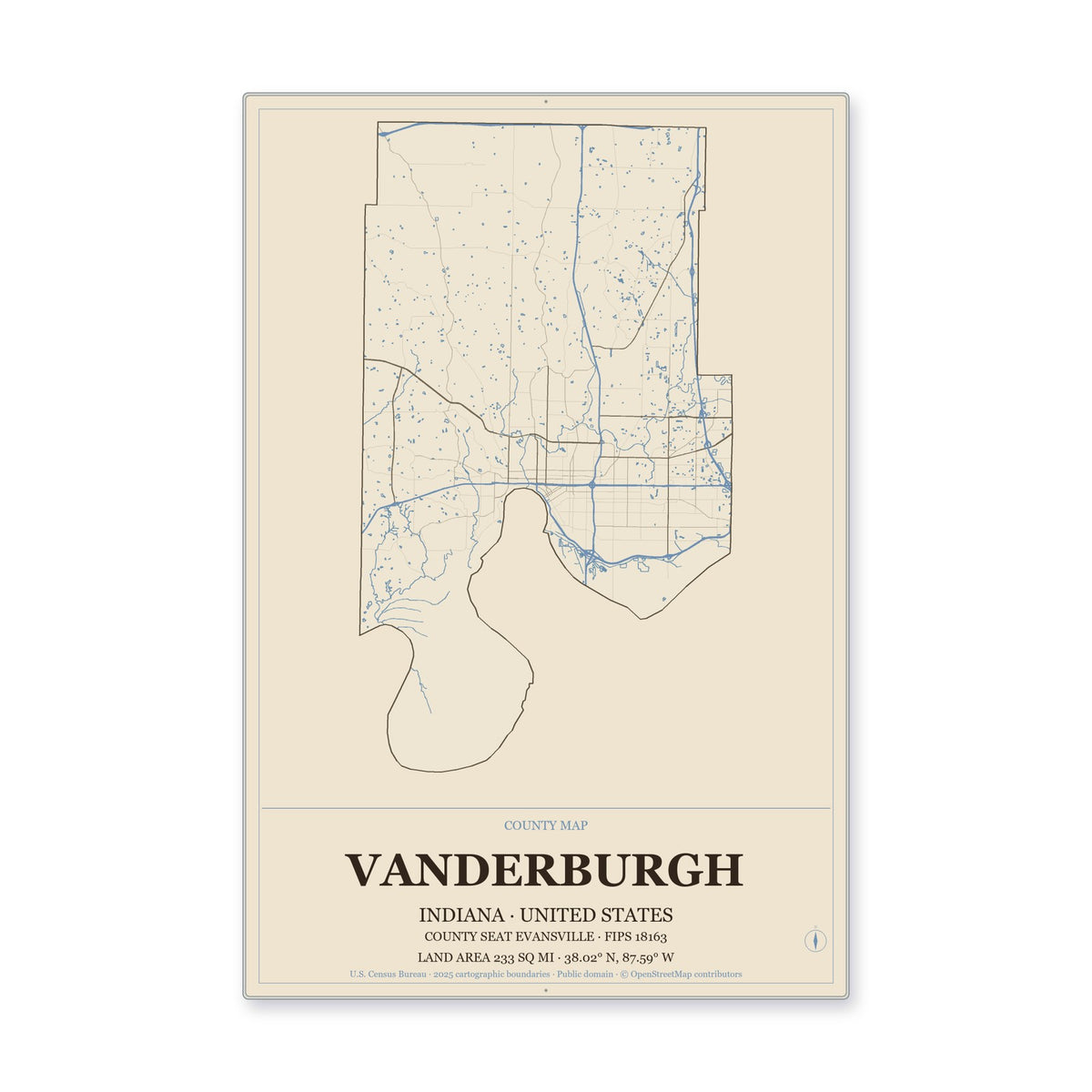 Vanderburgh County, Indiana Map Aluminum Sign in Heritage Nautical style