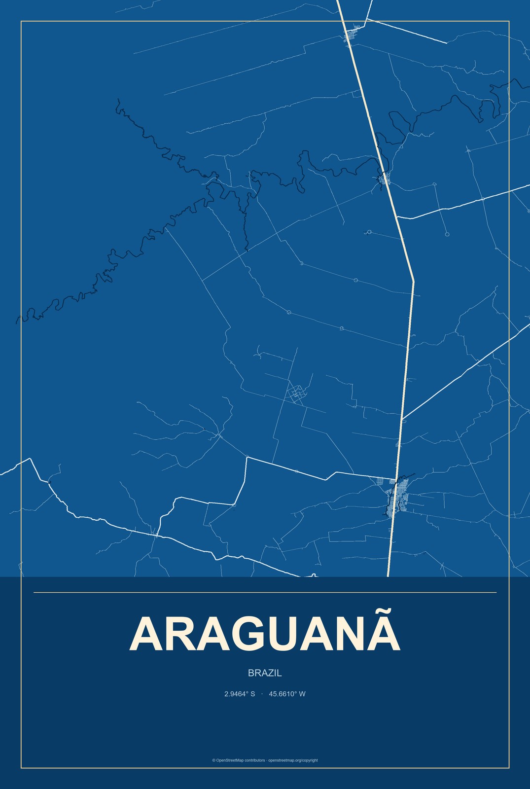 Araguanã, Brazil City Map Aluminum Sign in Harbor Cobalt style