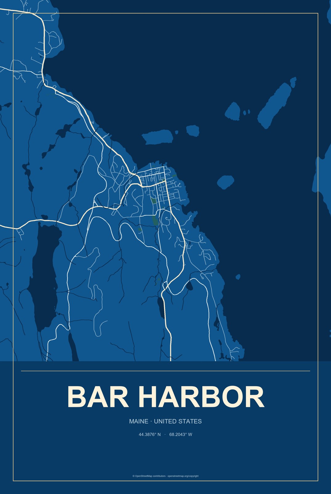 Bar Harbor, Maine City Map Aluminum Sign in Harbor Cobalt style