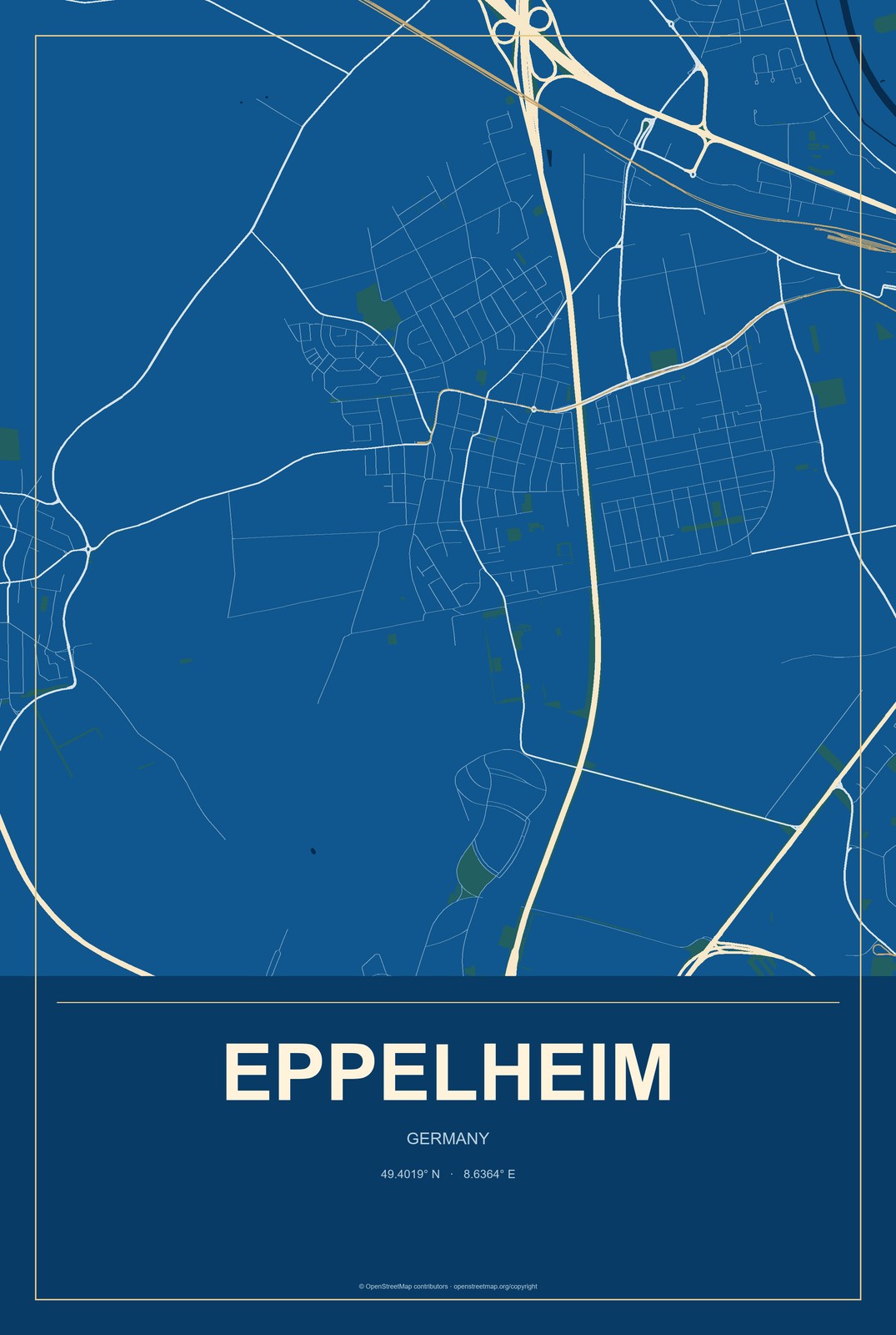 Eppelheim, Germany City Map Aluminum Sign in Harbor Cobalt style