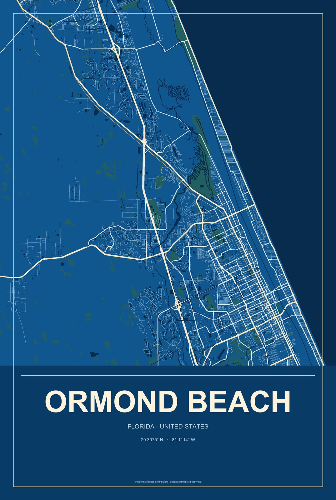 Ormond Beach, Florida City Map Aluminum Sign in Harbor Cobalt style