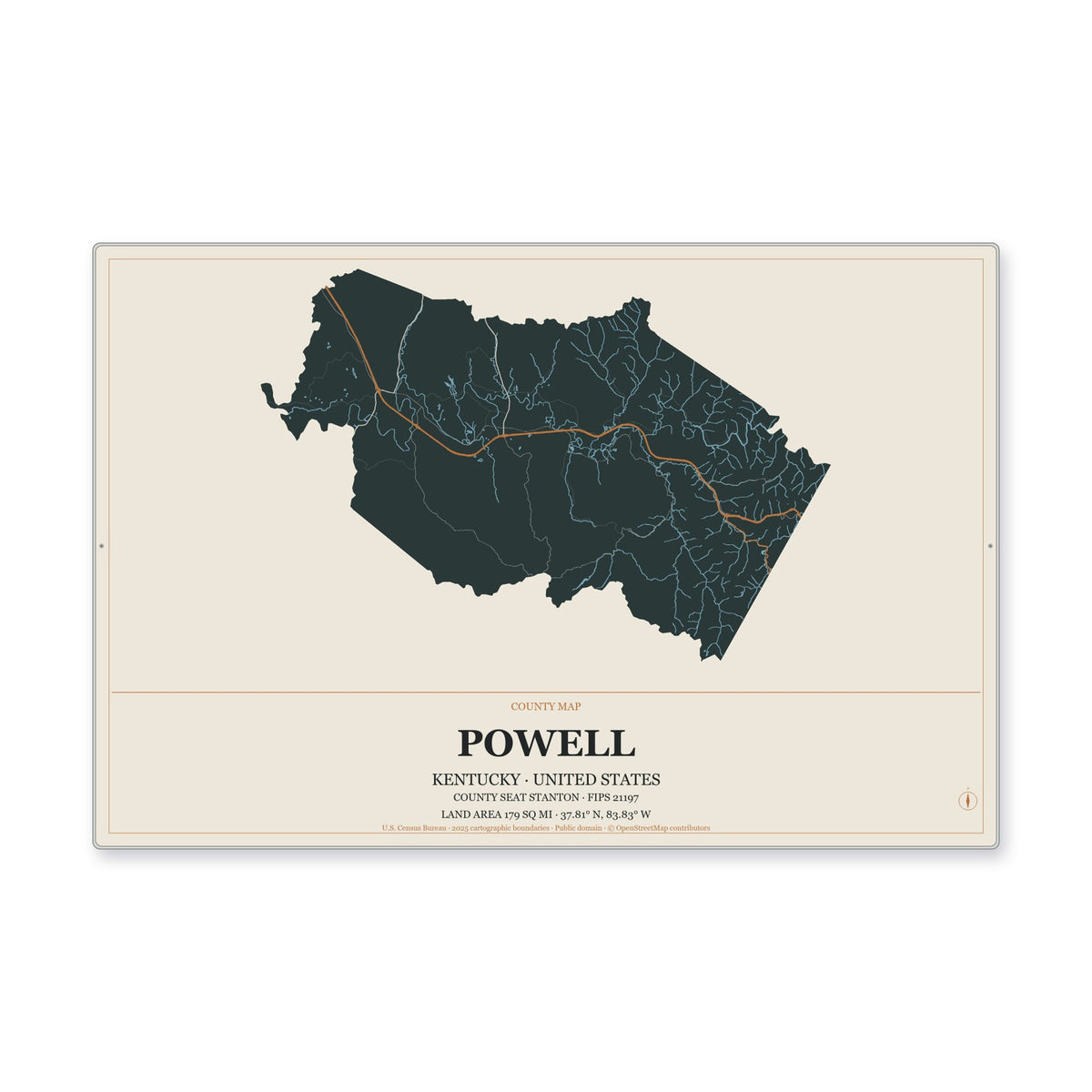 Powell County, Kentucky Map Aluminum Sign in Headline Atlas style