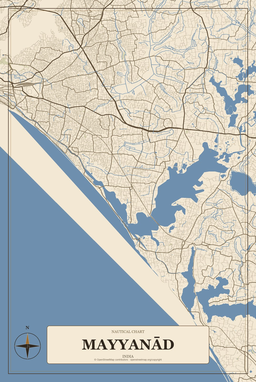 Mayyanād, India City Map Aluminum Sign in Heritage Nautical style