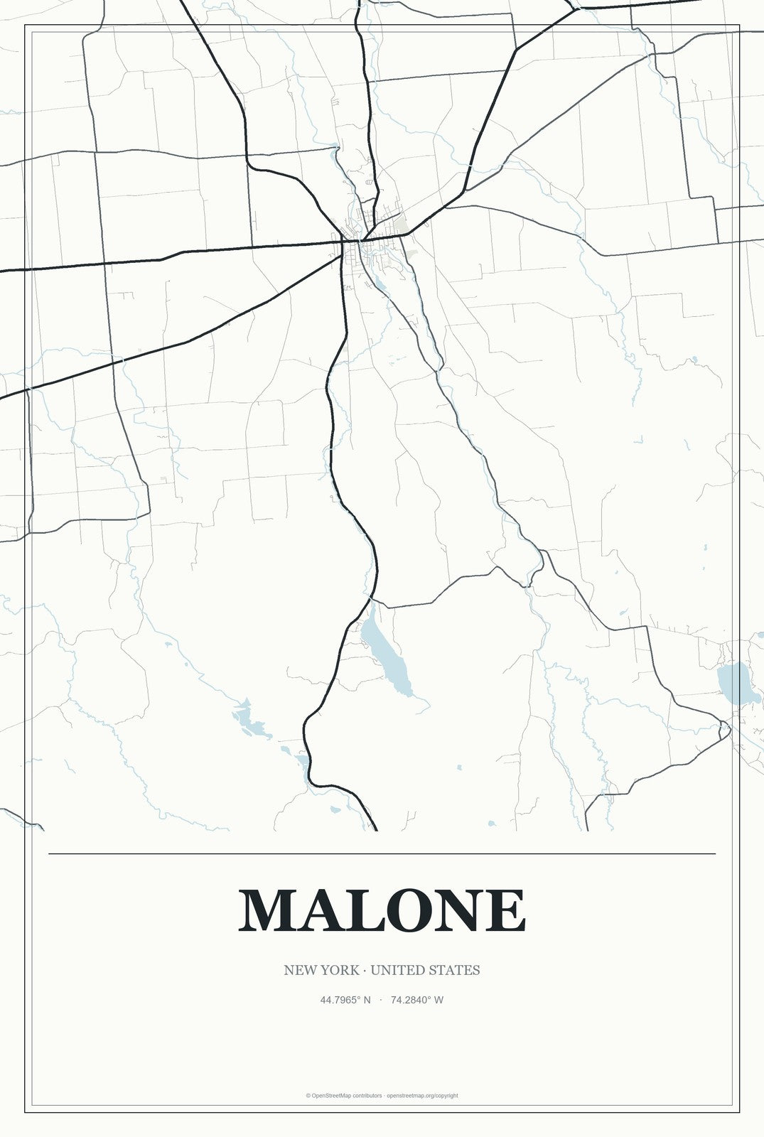 Malone, New York City Map Aluminum Sign in Gallery Air style