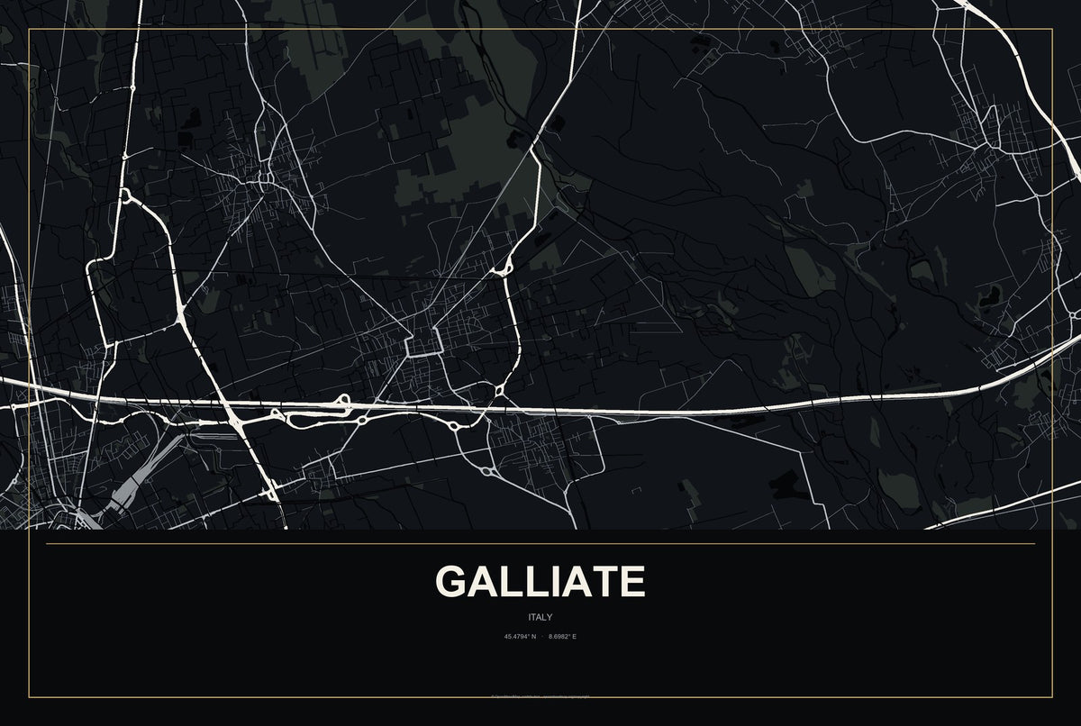 Galliate, Italy City Map Aluminum Sign in Metropolitan Noir style
