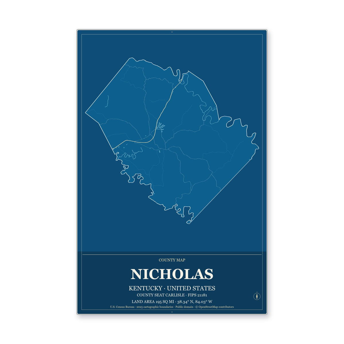 Nicholas County, Kentucky Map Aluminum Sign in Harbor Cobalt style