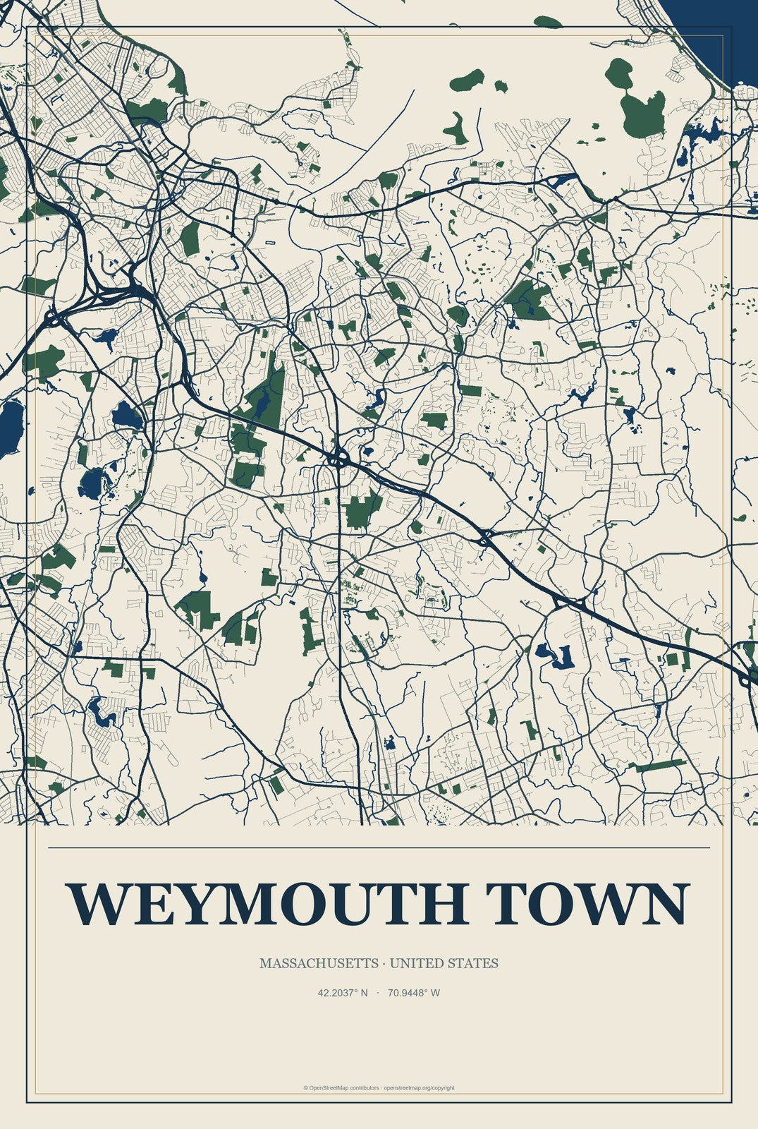 Weymouth Town, Massachusetts City Map Aluminum Sign in Coastal Cutout style