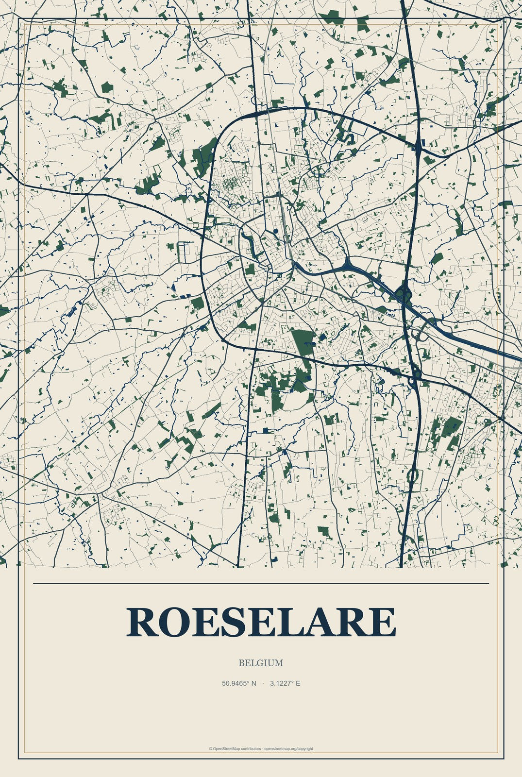 Roeselare, Belgium City Map Aluminum Sign in Coastal Cutout style