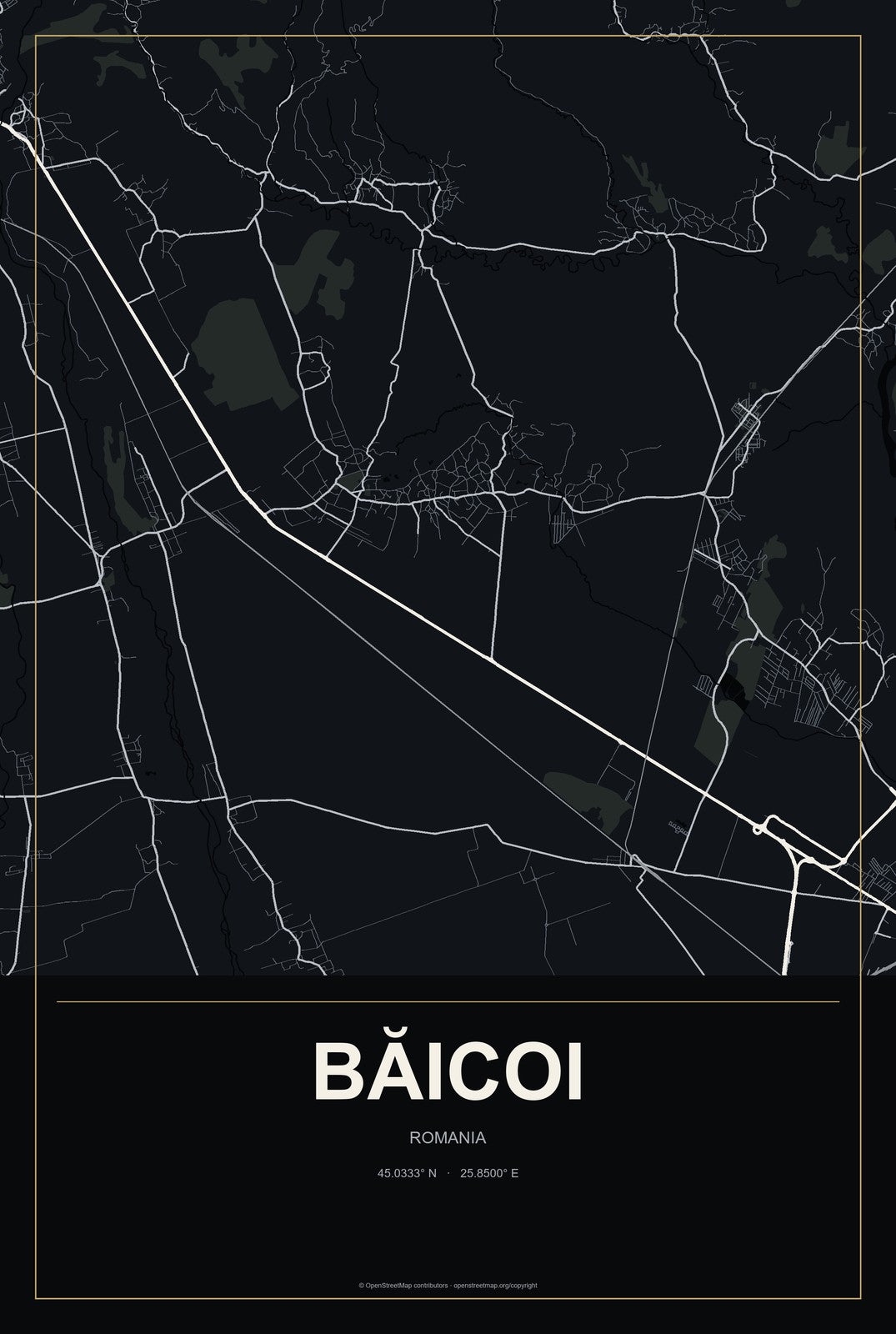 Băicoi, Romania City Map Aluminum Sign in Metropolitan Noir style