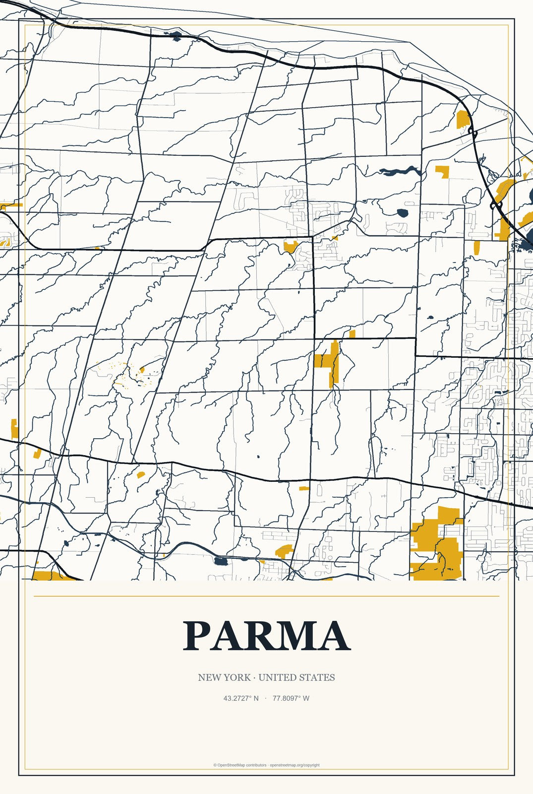 Parma, New York City Map Aluminum Sign in Citrine Modern style