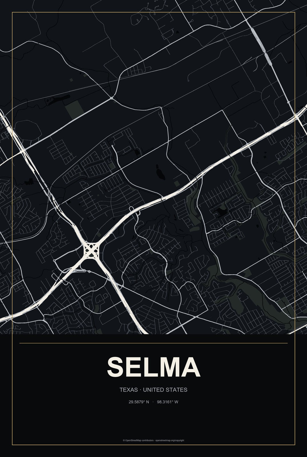 Selma, Texas City Map Aluminum Sign in Metropolitan Noir style