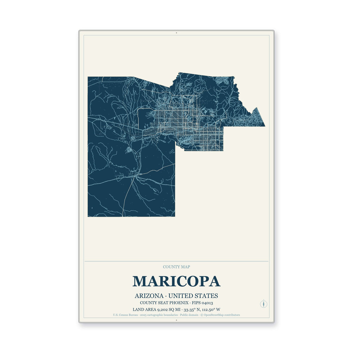 Maricopa County, Arizona Map Aluminum Sign in Coastal Cutout style