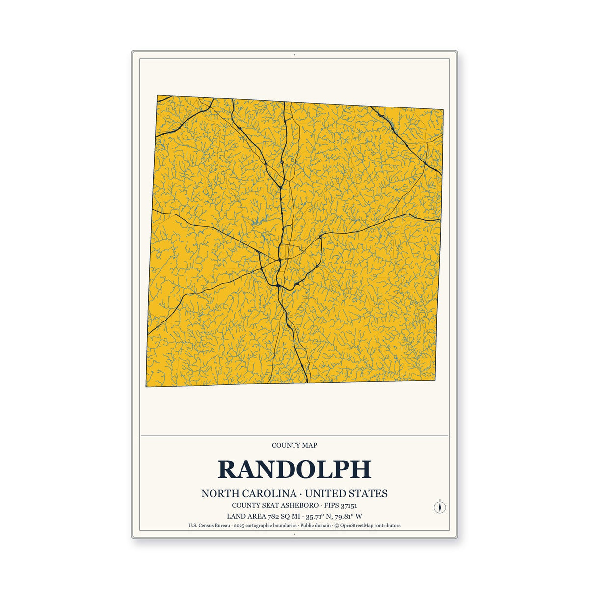 Randolph County, North Carolina Map Aluminum Sign in Citrine Modern style
