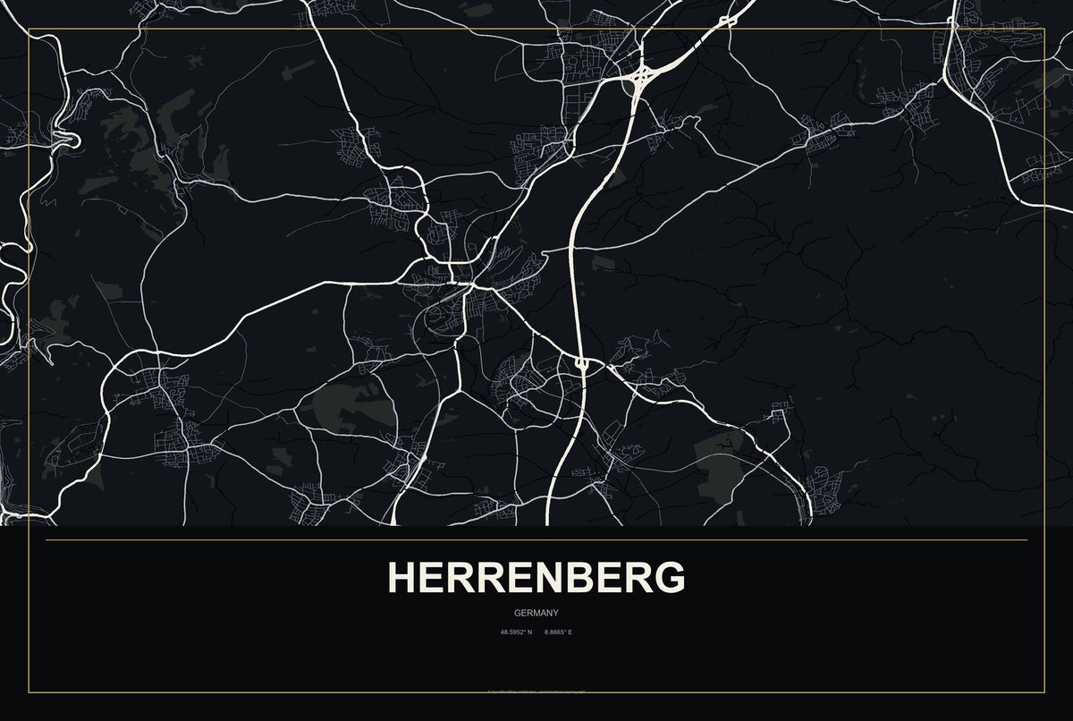 Herrenberg, Germany City Map Aluminum Sign in Metropolitan Noir style