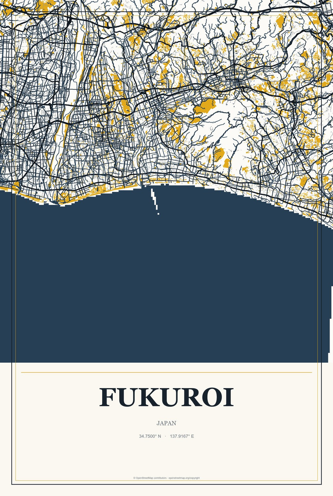 Fukuroi, Japan City Map Aluminum Sign in Citrine Modern style