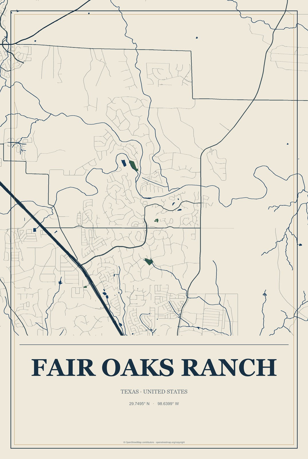 Fair Oaks Ranch, Texas City Map Aluminum Sign in Coastal Cutout style