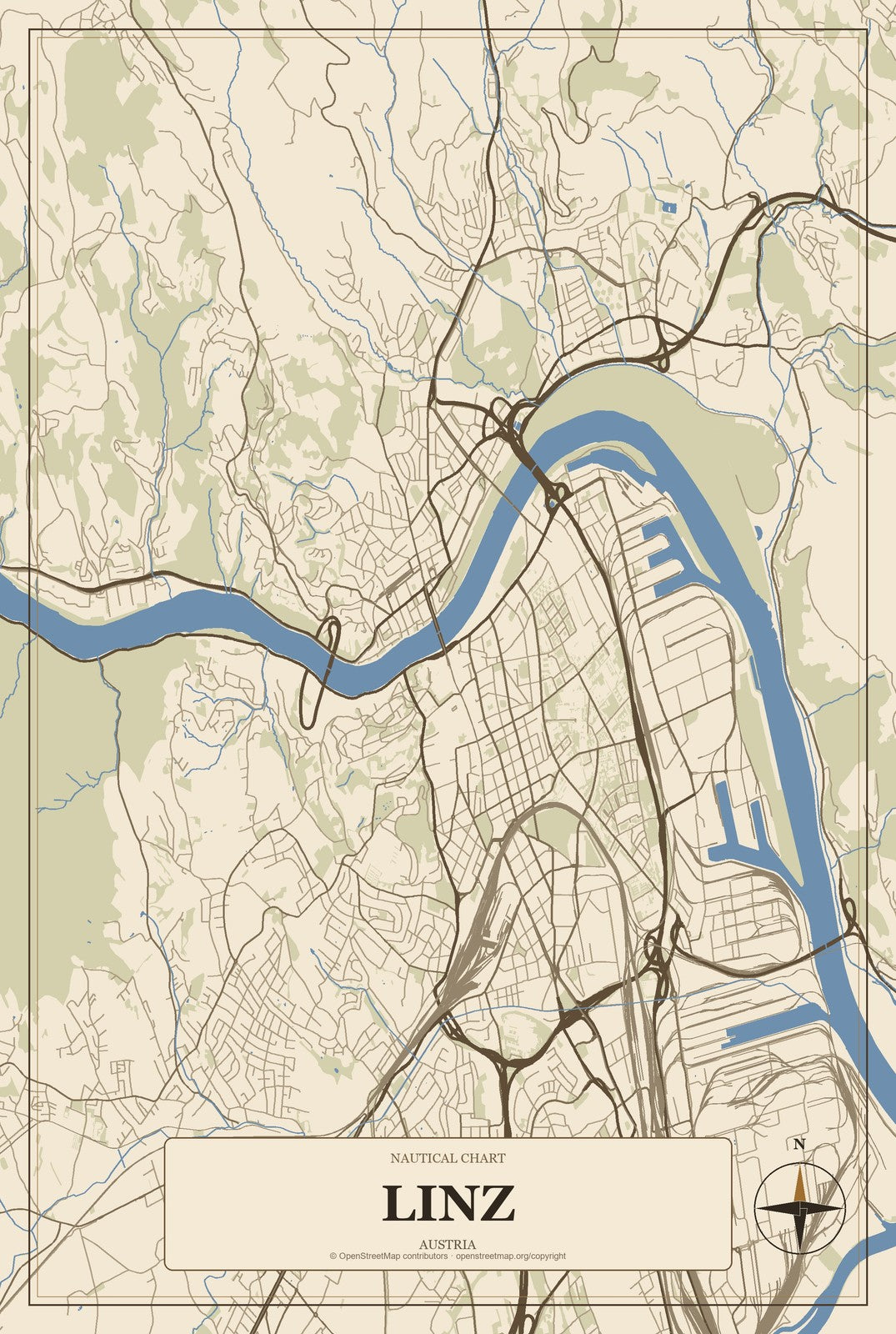 Linz, Austria City Map Aluminum Sign in Heritage Nautical style