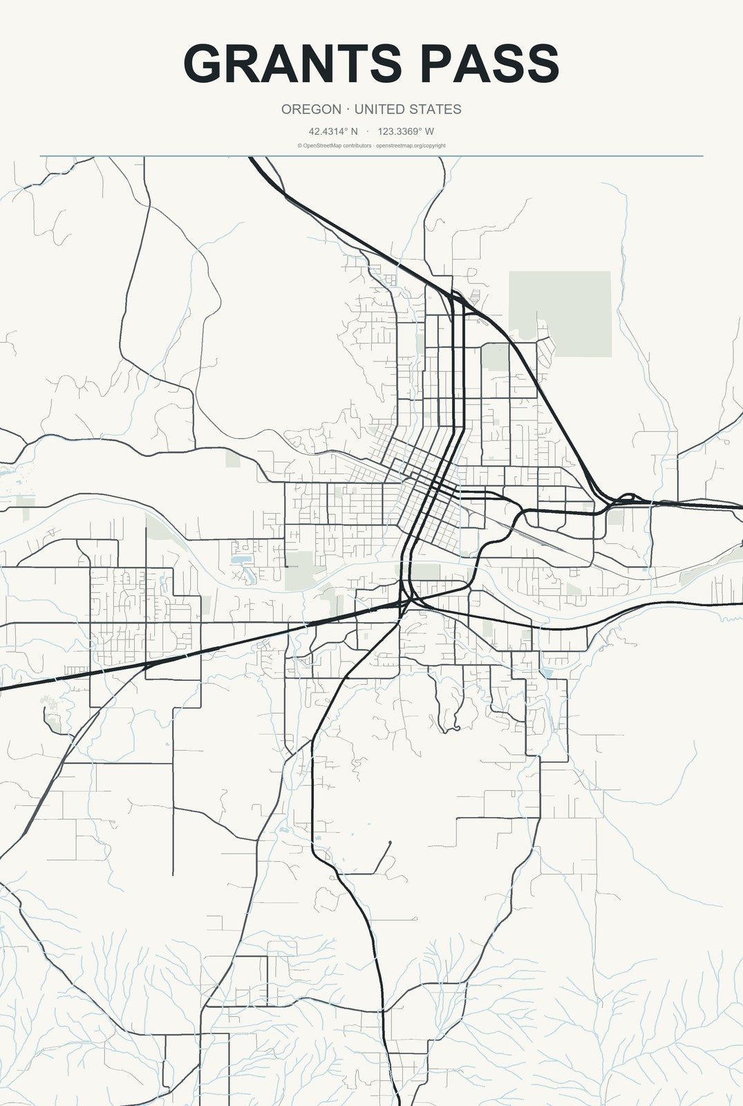 Grants Pass, Oregon City Map Aluminum Sign in Headline Atlas style