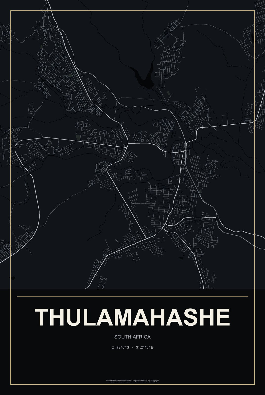 Thulamahashe, South Africa City Map Aluminum Sign in Metropolitan Noir style