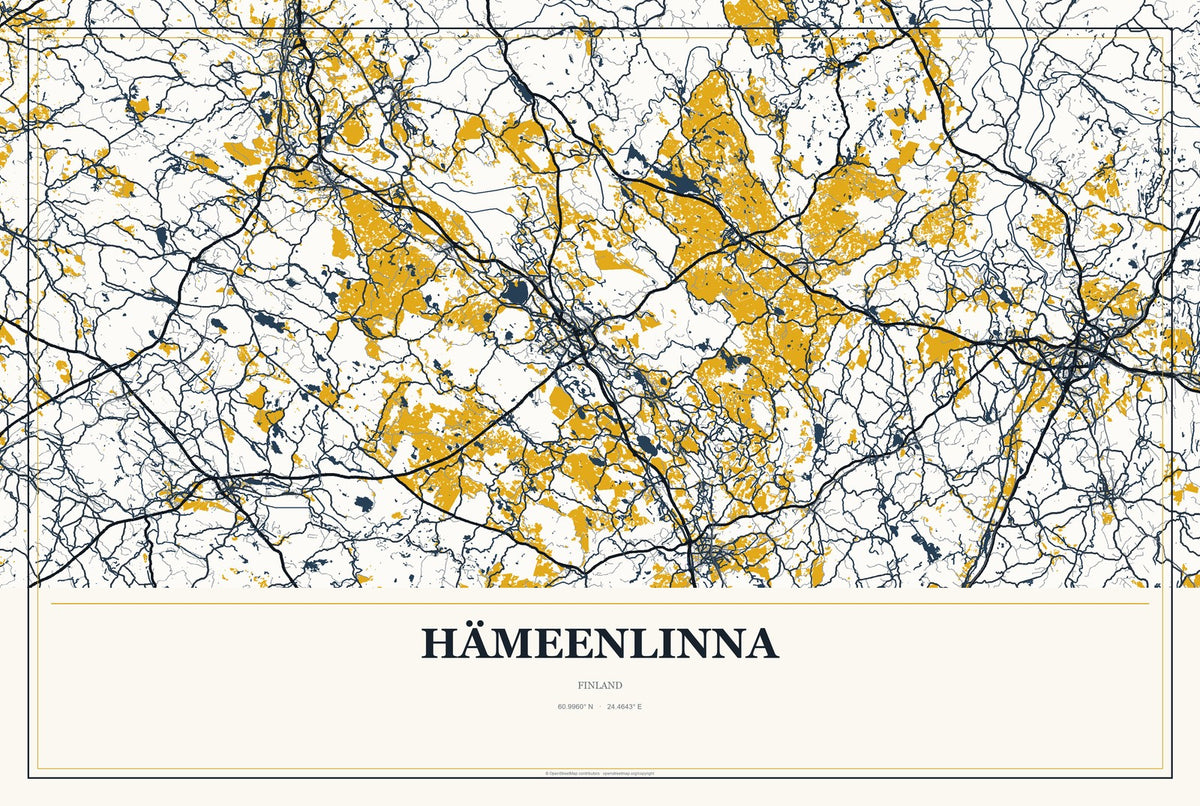 Hämeenlinna, Finland City Map Aluminum Sign in Citrine Modern style