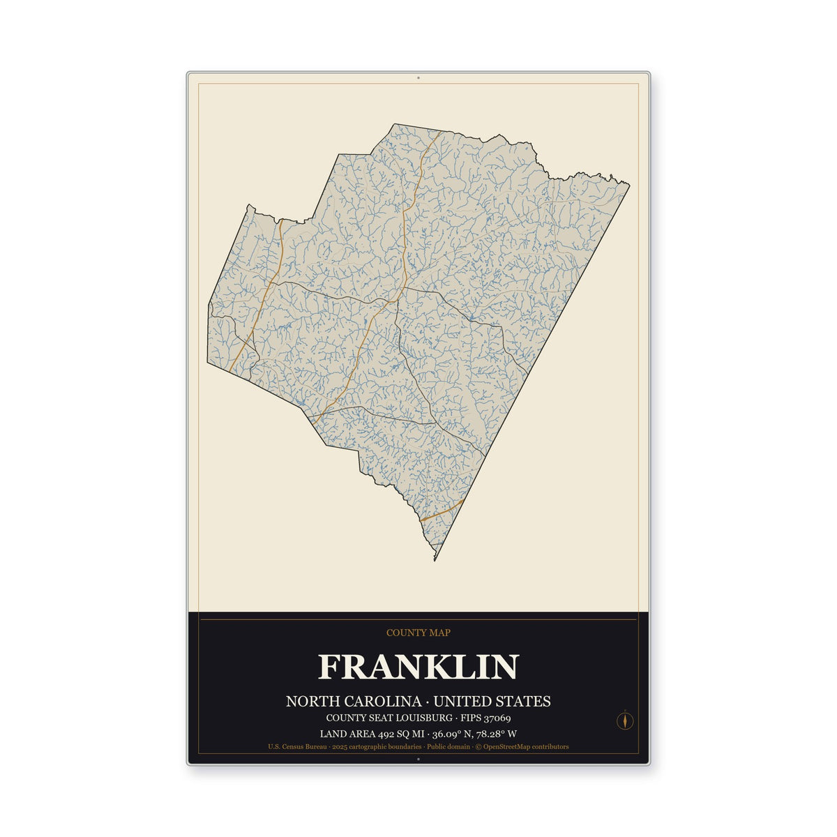 Franklin County, North Carolina Map Aluminum Sign in Museum Plaque style