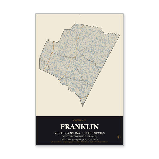 Franklin County, North Carolina Map Aluminum Sign in Museum Plaque style