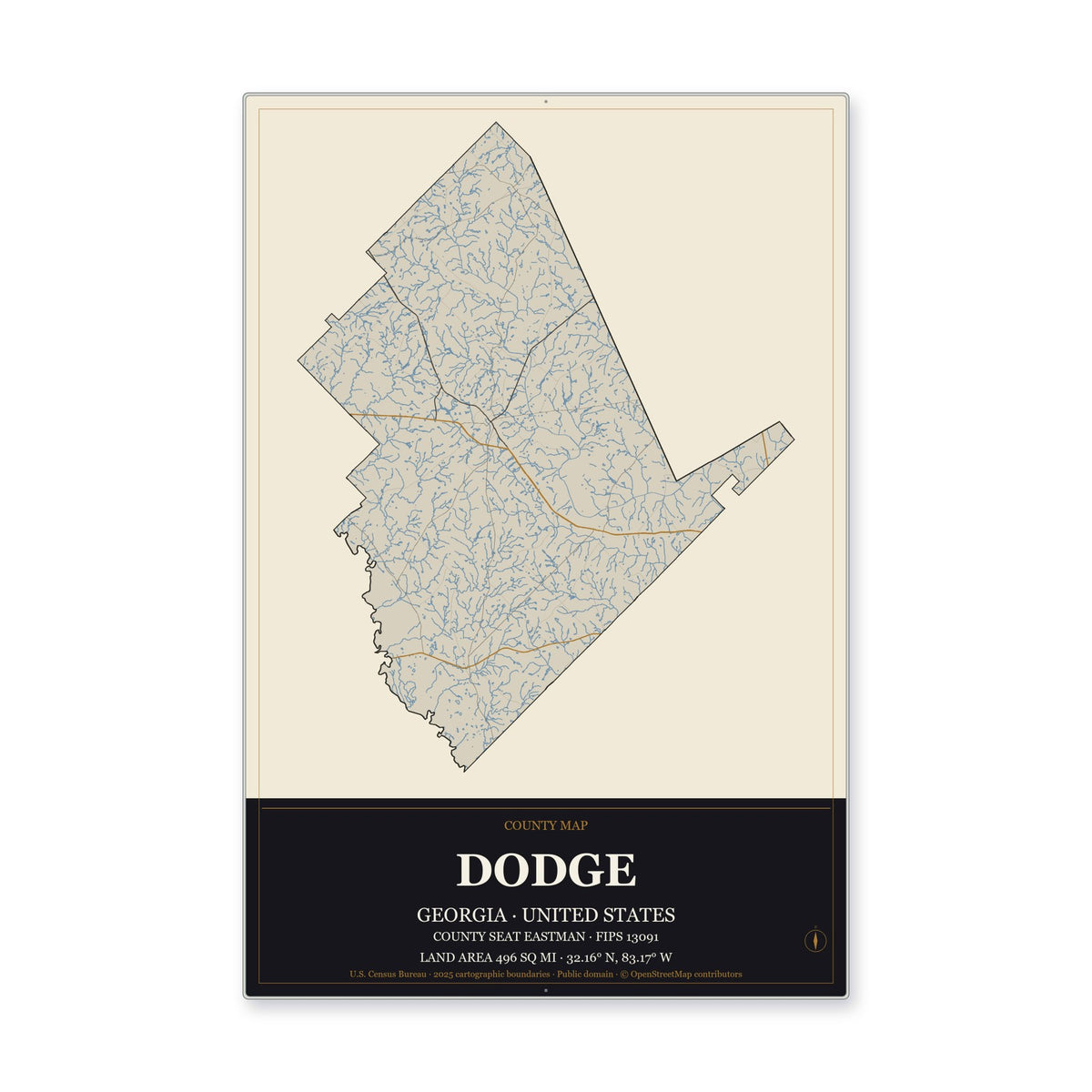Dodge County, Georgia Map Aluminum Sign in Museum Plaque style