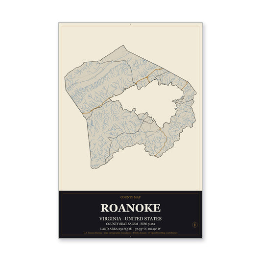 Roanoke County, Virginia Map Aluminum Sign in Museum Plaque style