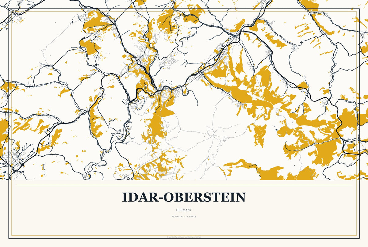 Idar-Oberstein, Germany City Map Aluminum Sign in Citrine Modern style