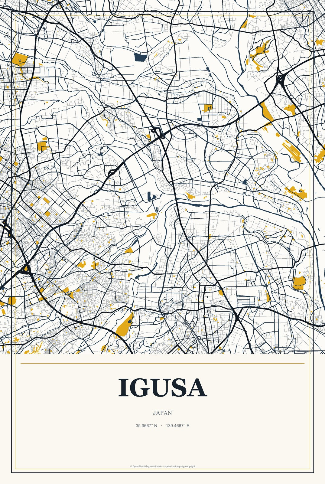 Igusa, Japan City Map Aluminum Sign in Citrine Modern style