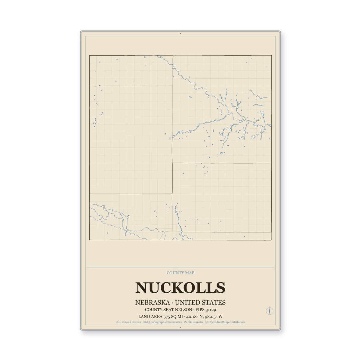 Nuckolls County, Nebraska Map Aluminum Sign in Heritage Nautical style
