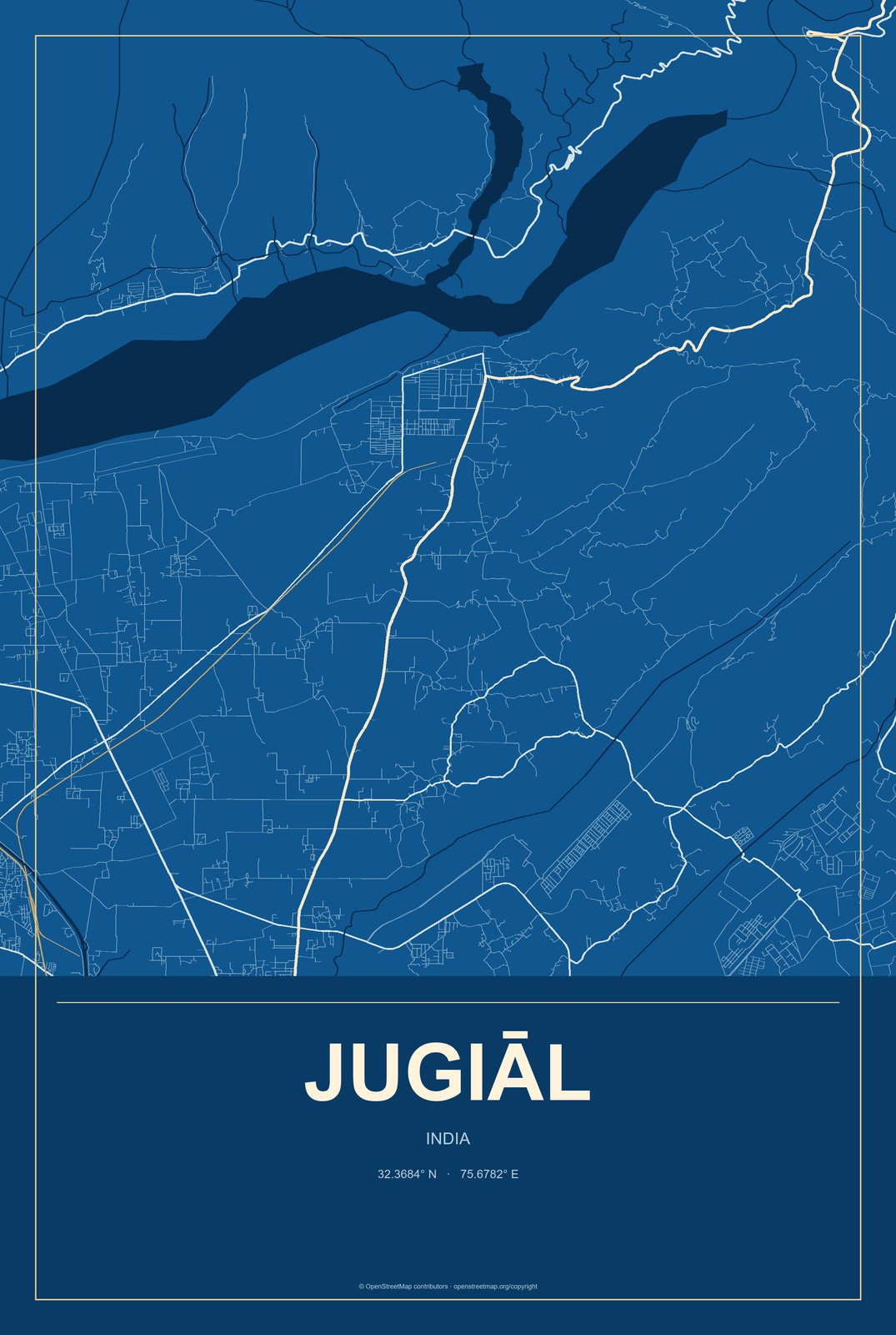 Jugiāl, India City Map Aluminum Sign in Harbor Cobalt style