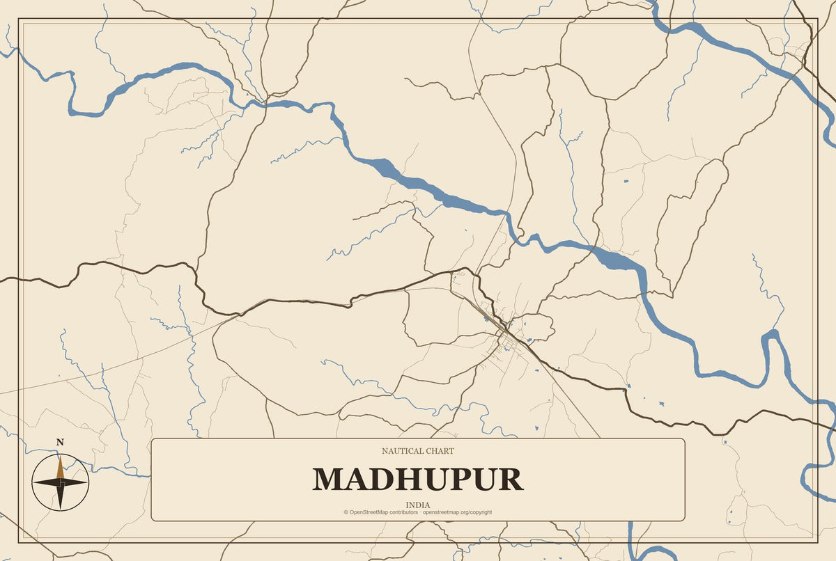 Madhupur, India City Map Aluminum Sign in Heritage Nautical style