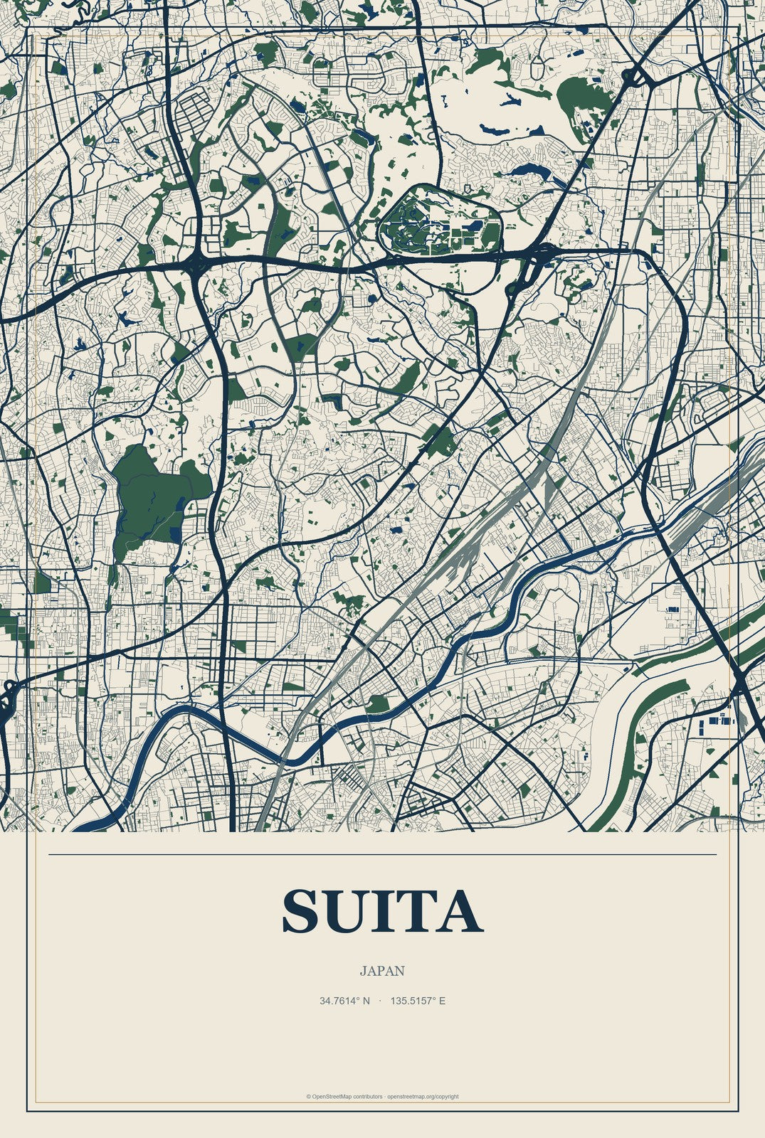 Suita, Japan City Map Aluminum Sign in Coastal Cutout style