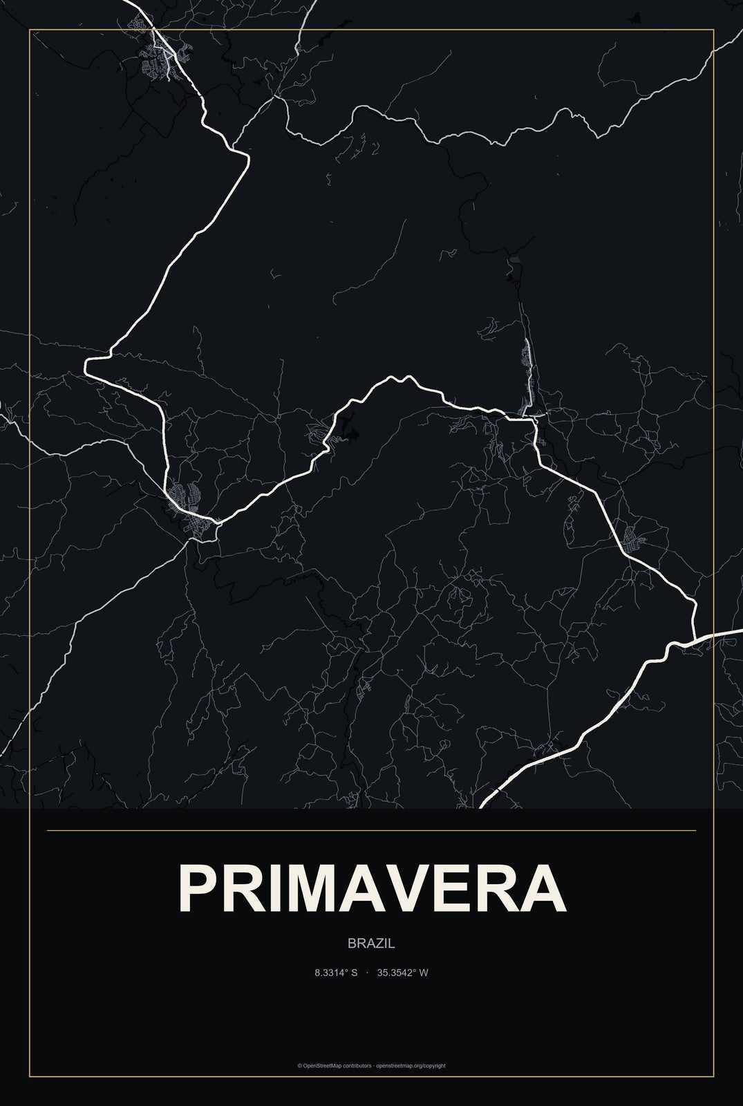 Primavera, Pará, Brazil City Map Aluminum Sign in Metropolitan Noir style