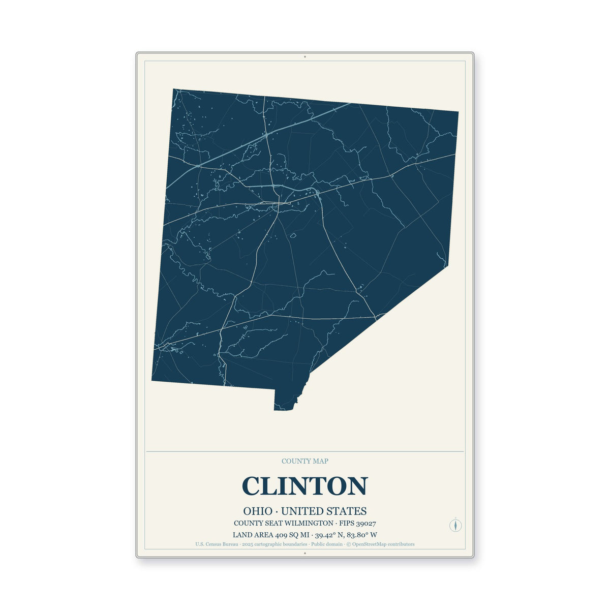 Clinton County, Ohio Map Aluminum Sign in Coastal Cutout style