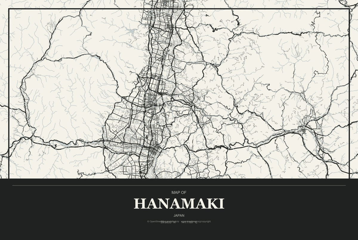 Hanamaki, Japan City Map Aluminum Sign in Museum Plaque style