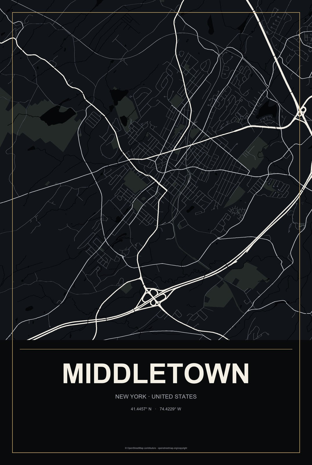 Middletown, New York City Map Aluminum Sign in Metropolitan Noir style