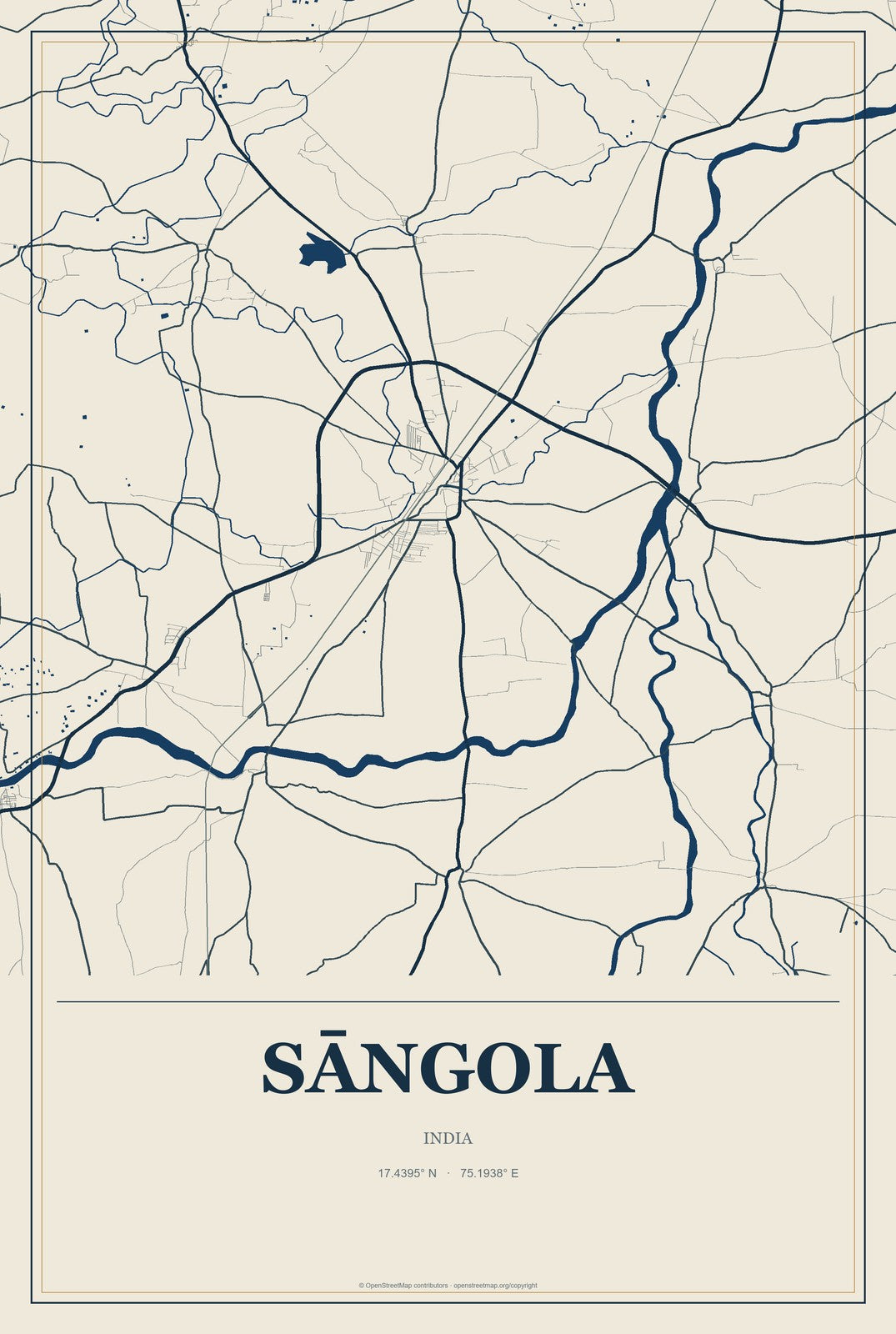 Sāngola, India City Map Aluminum Sign in Coastal Cutout style