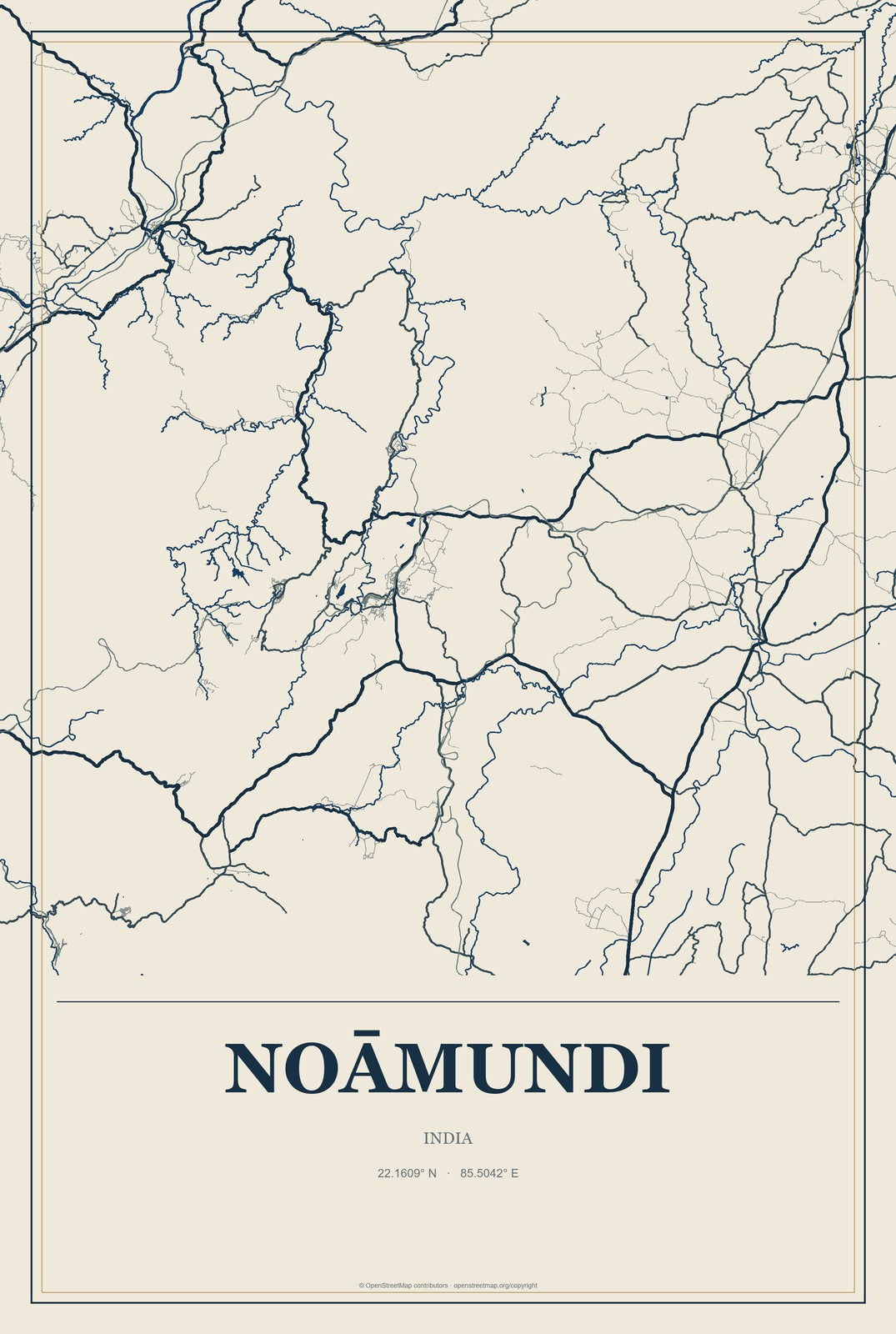Noāmundi, India City Map Aluminum Sign in Coastal Cutout style