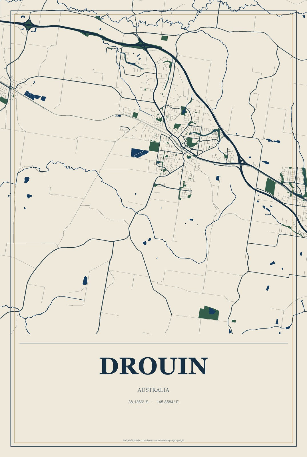 Drouin, Australia City Map Aluminum Sign in Coastal Cutout style