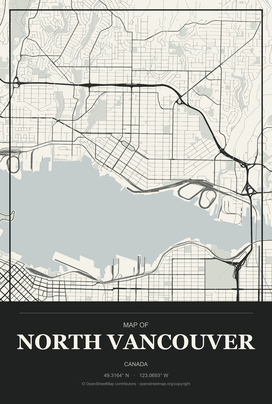 North Vancouver, Canada City Map Aluminum Sign in Museum Plaque style