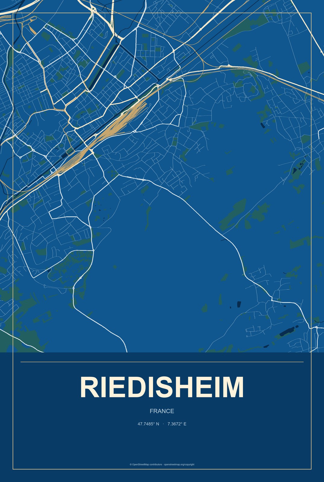 Riedisheim, France City Map Aluminum Sign in Harbor Cobalt style