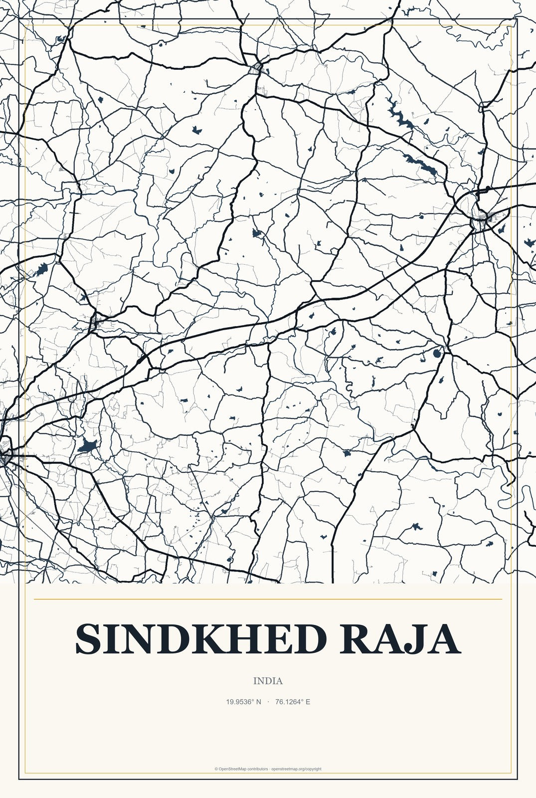 Sindkhed Raja, India City Map Aluminum Sign in Citrine Modern style
