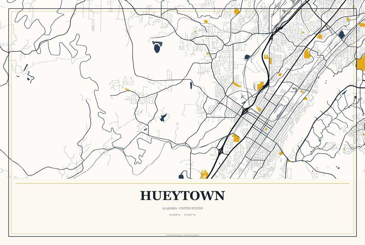 Hueytown, Alabama City Map Aluminum Sign in Citrine Modern style
