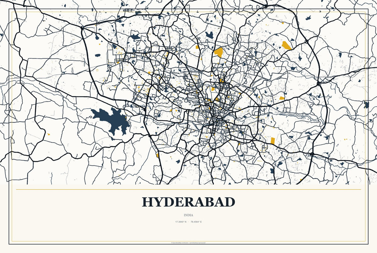 Hyderabad, India City Map Aluminum Sign in Citrine Modern style