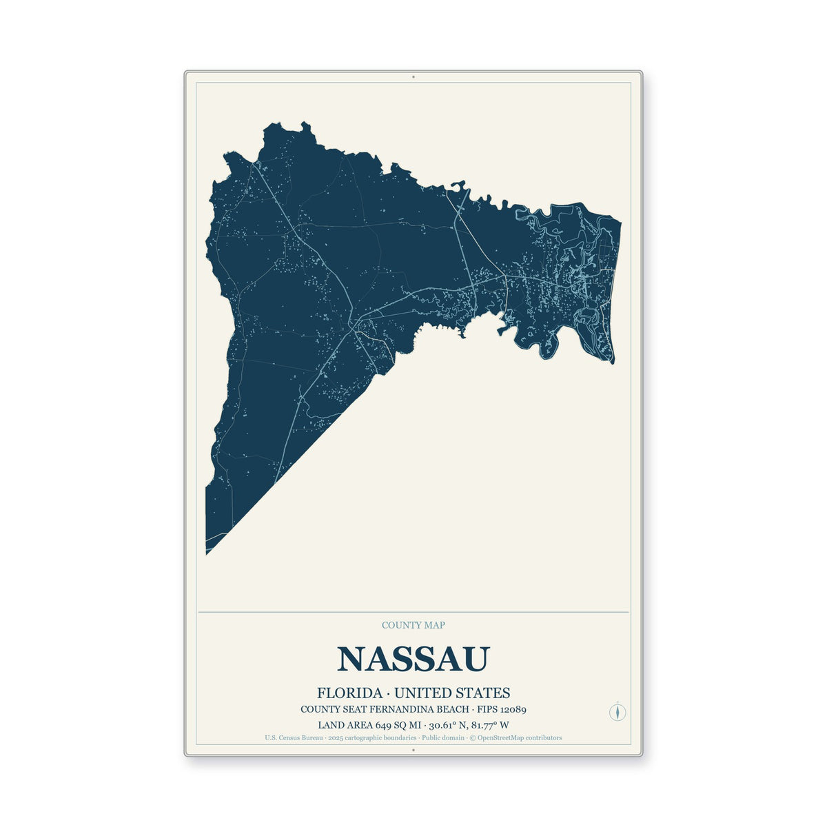 Nassau County, Florida Map Aluminum Sign in Coastal Cutout style