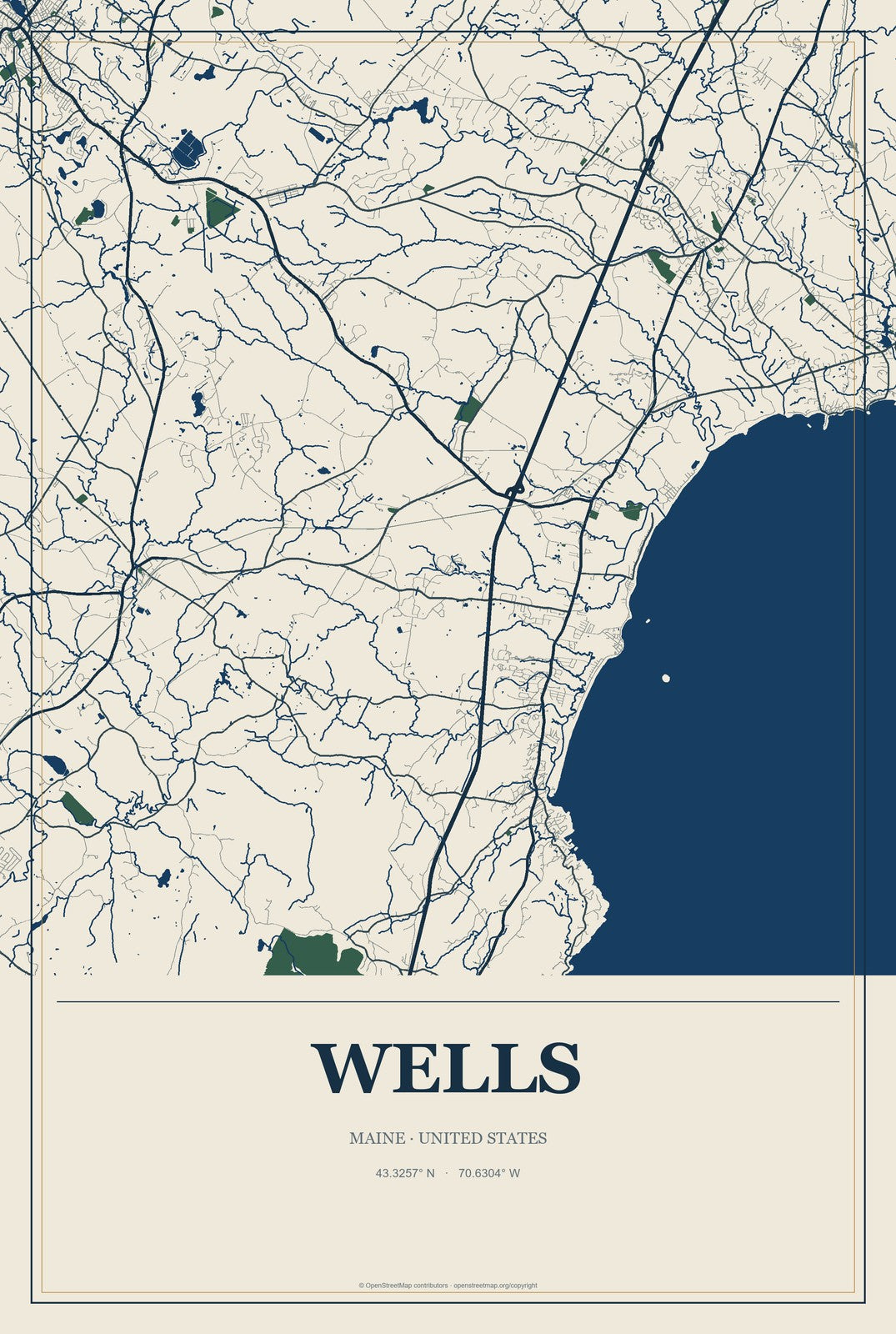 Wells, Maine City Map Aluminum Sign in Coastal Cutout style