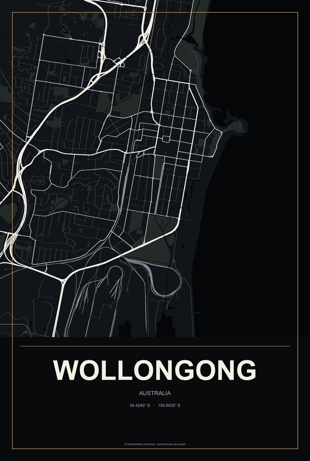 Wollongong, Australia City Map Aluminum Sign in Metropolitan Noir style